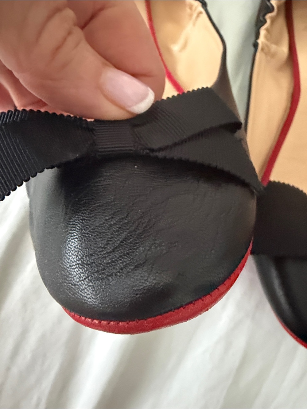 Christian Louboutin Black Leather Bow Ballet Flats with Red Trim - Picture 5 of 13